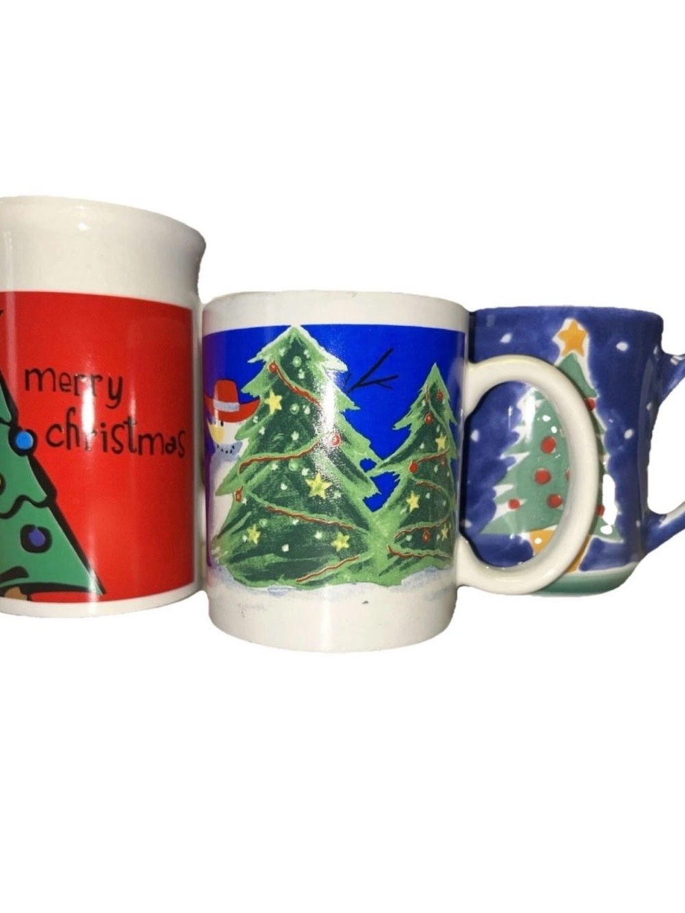 Winter Holiday Collection Of Vintage Retro Festive Christmas Tree Coffee Mugs